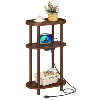 Small Narrow Side Table with Charging Station, 3-Tier Bamboo Narrow End Table, Slim Side Table for Small Spaces, Skinny Oval Nightstand for Living Room, Bedroom, Apartment - 15.7" x 7.9" x 26"/Brown